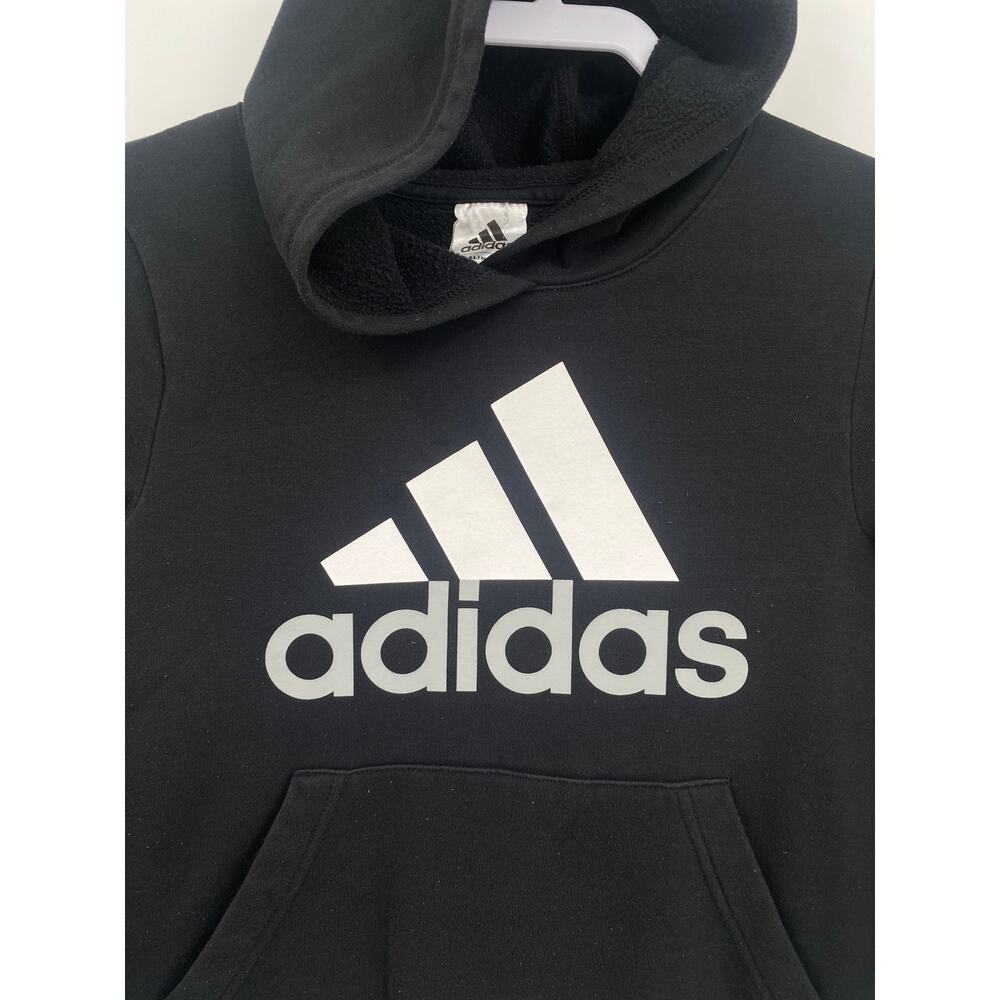 adidas Boys' Essential Hooded Pullover Sweatshirt Black White Logo M 10/12 - Picture 2 of 7